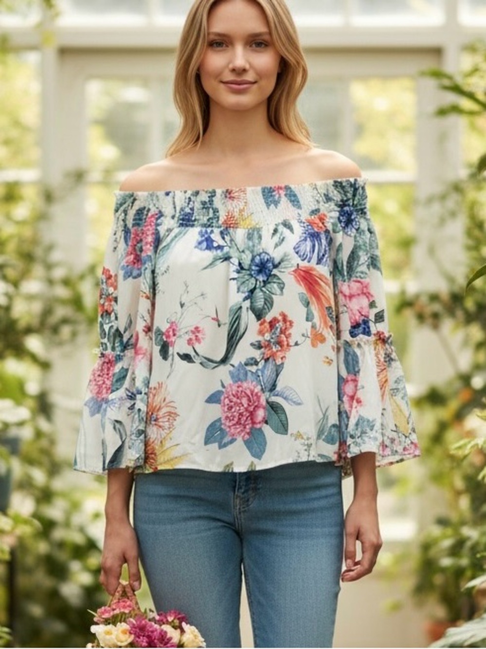 Peach Love Floral Off-Shoulder Blouse in White with Multicolor Print Small NWT